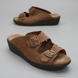SAS Ladies 11 W Wide Slide Rust Nubuck 2-Buckle Strap Wedge Heels Shoes Sandals